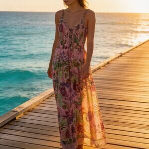 One 2 Magic Pink Tropical Floral Maxi Dress Smocked Corset Boho Size M